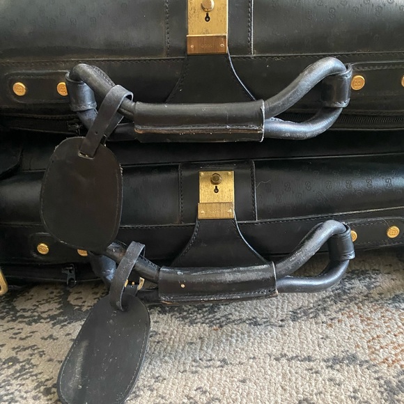 GUCCI VINTAGE 1980s Monogram Pattern 30” Suitcases Navy Leather/Coated Canvass - Picture 5 of 16